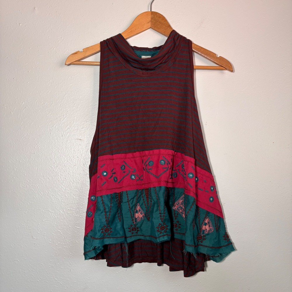 We The Free Free People Boho Mock Neck Striped Embroidered Tiered Top Small